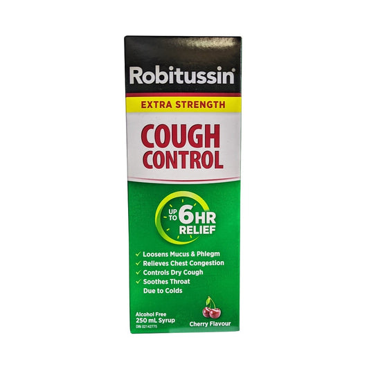 Product label for Robitussin Extra Strength Cough Control for 6 Hours Relief Cherry Flavour (250 mL) in English