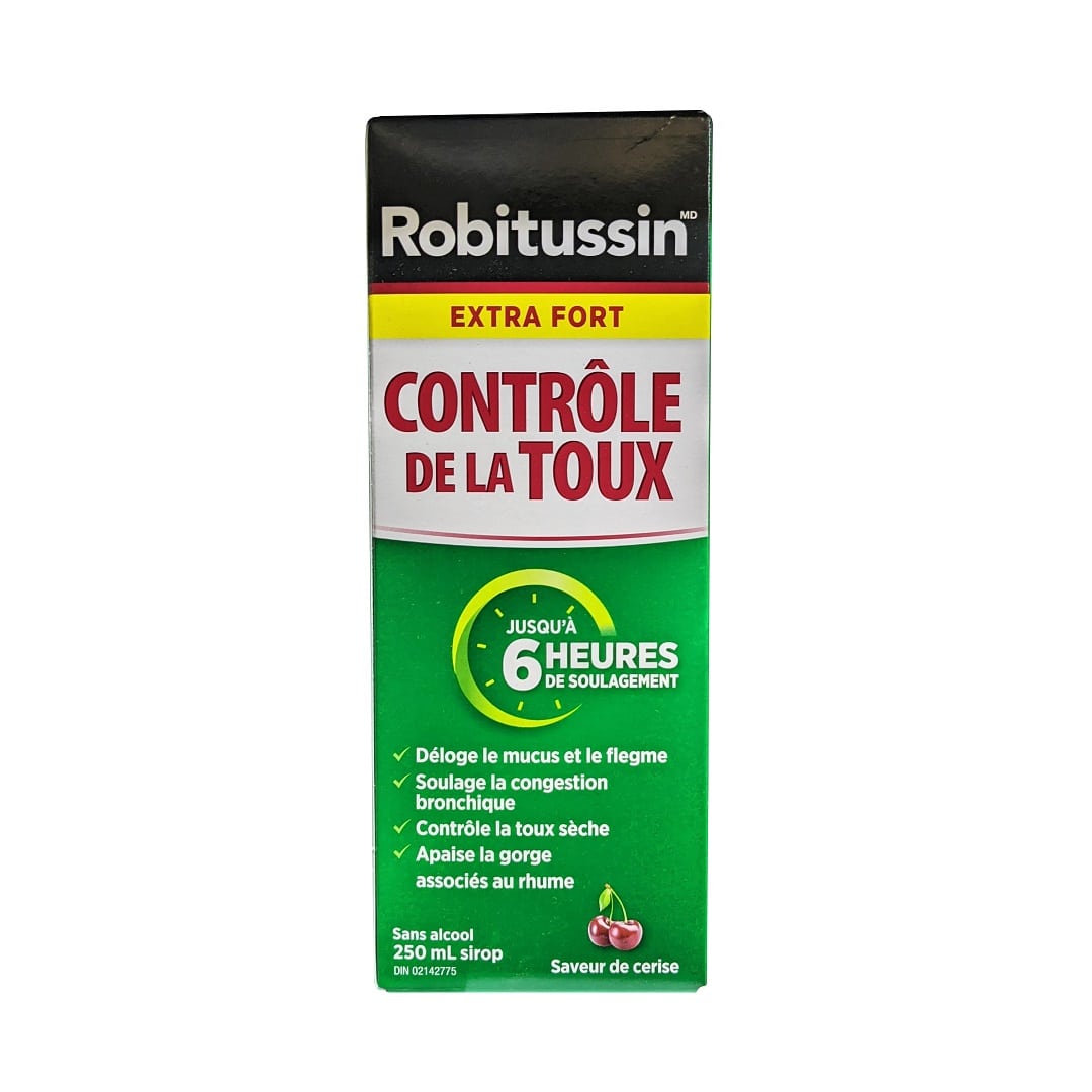 Product label for Robitussin Extra Strength Cough Control for 6 Hours Relief Cherry Flavour (250 mL) in French
