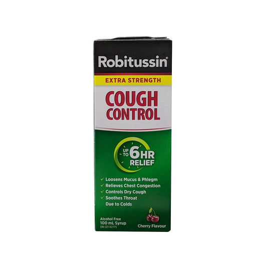 Product label for Robitussin Extra Strength Cough Control for 6 Hours Relief (100 mL) in English