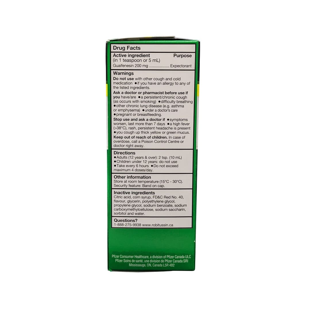 Ingredients, warnings, directions for Robitussin Extra Strength Mucus & Phlegm for 6 Hours Relief (100 mL) in English