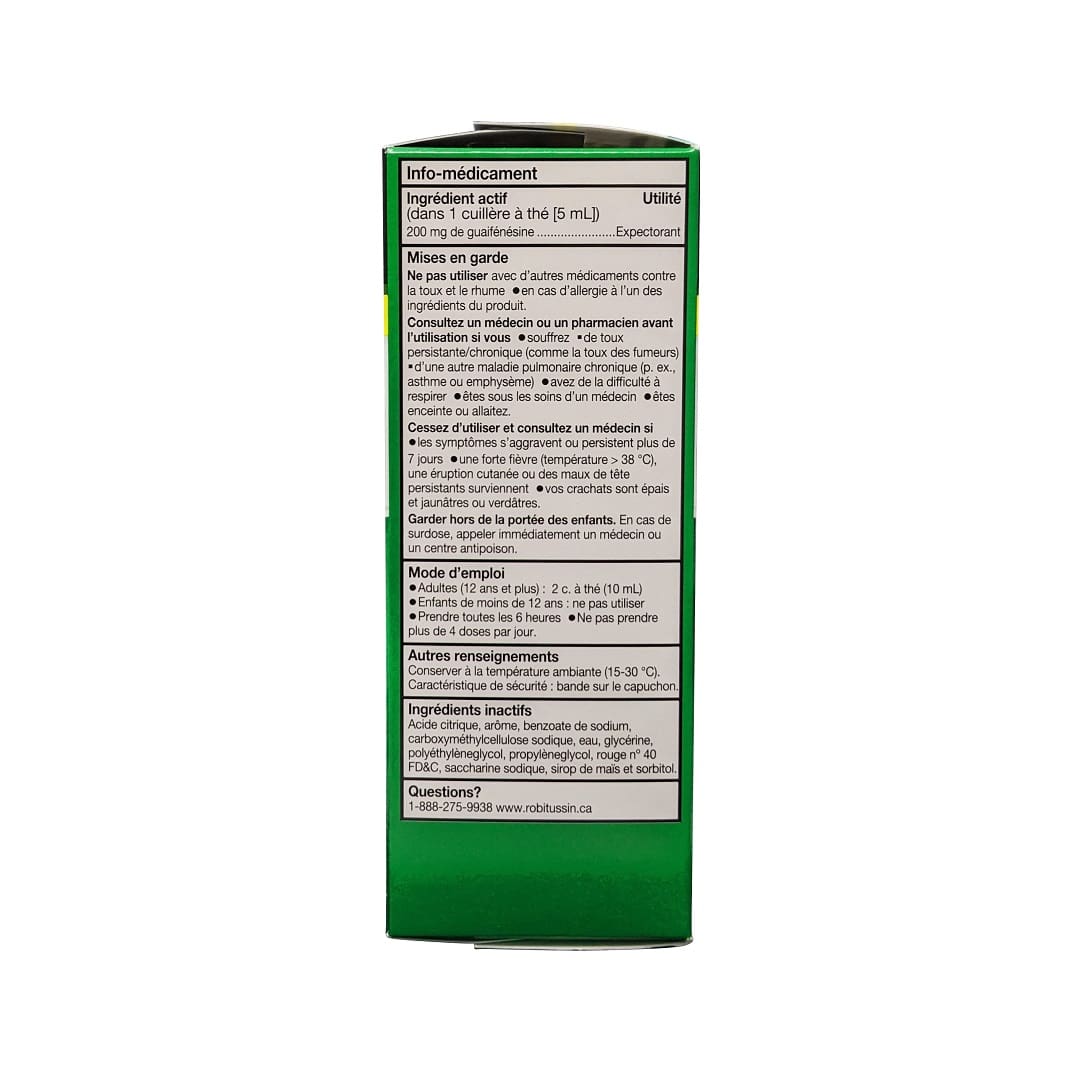 Ingredients, warnings, directions for Robitussin Extra Strength Mucus & Phlegm for 6 Hours Relief (100 mL) in French