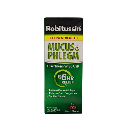 Product label for Robitussin Extra Strength Mucus & Phlegm for 6 Hours Relief (100 mL) in English