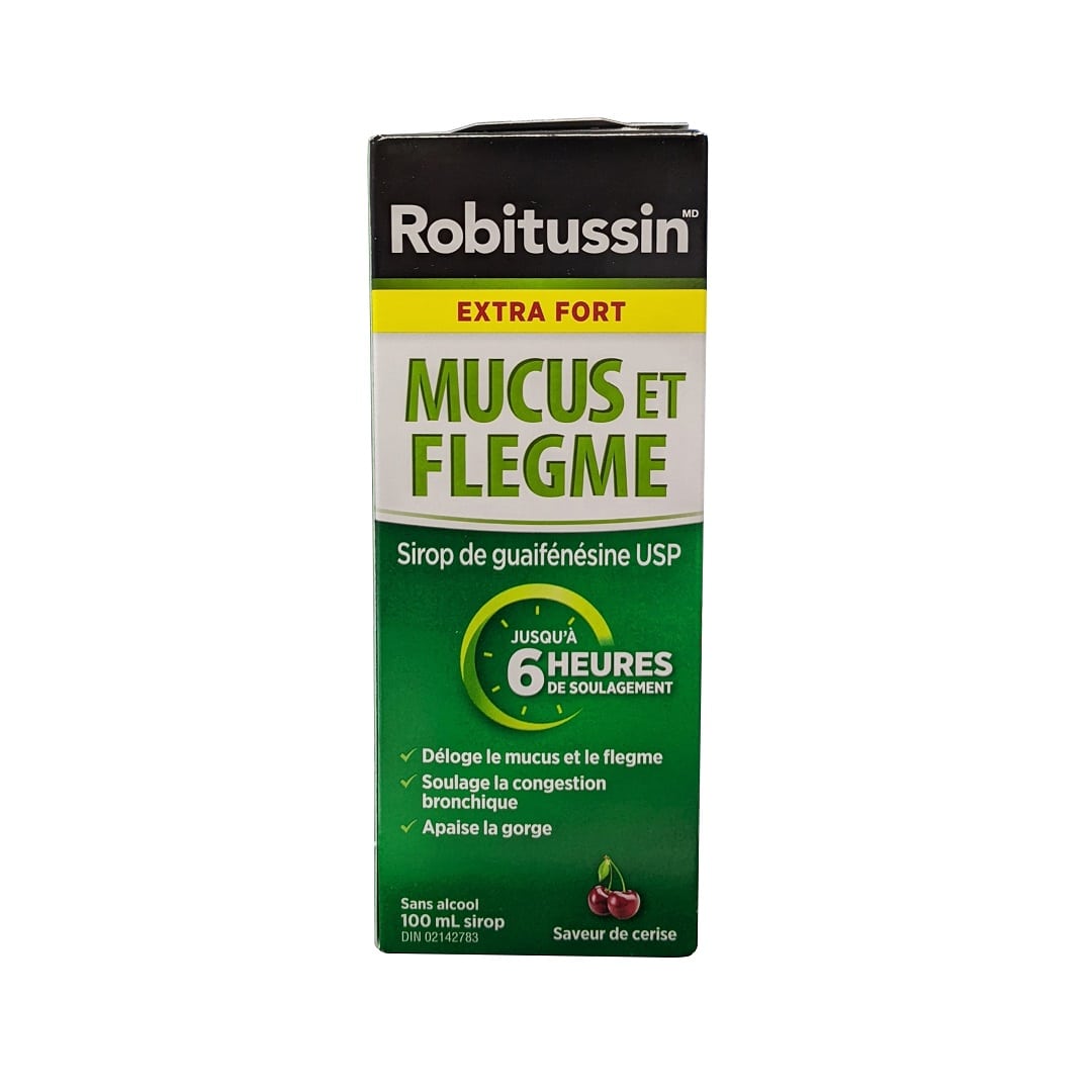 Product label for Robitussin Extra Strength Mucus & Phlegm for 6 Hours Relief (100 mL) in French