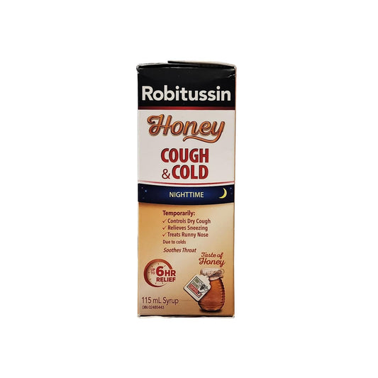 Product label for Robitussin Honey Cough and Cold Nighttime for 6 Hour Relief (115 mL) in English