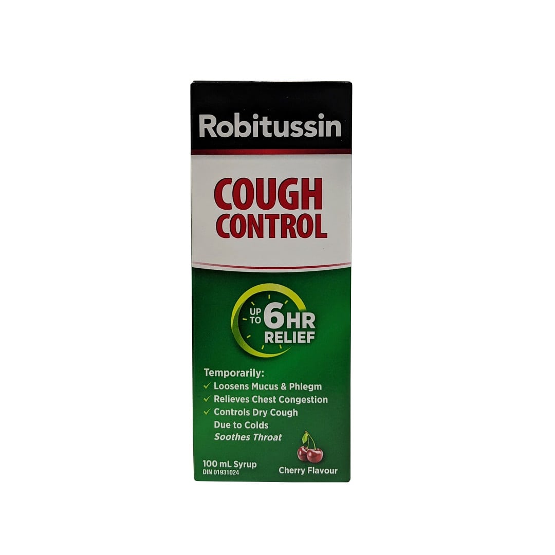 Product label for Robitussin Regular Strength Cough Control for 6 Hours Relief (100 mL) in English