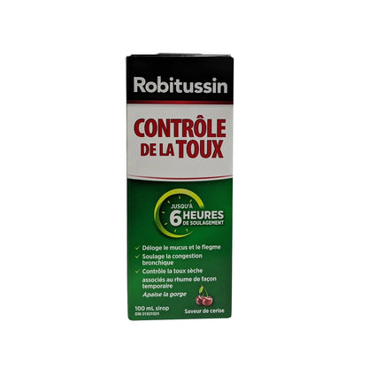 Product label for Robitussin Regular Strength Cough Control for 6 Hours Relief (100 mL) in French