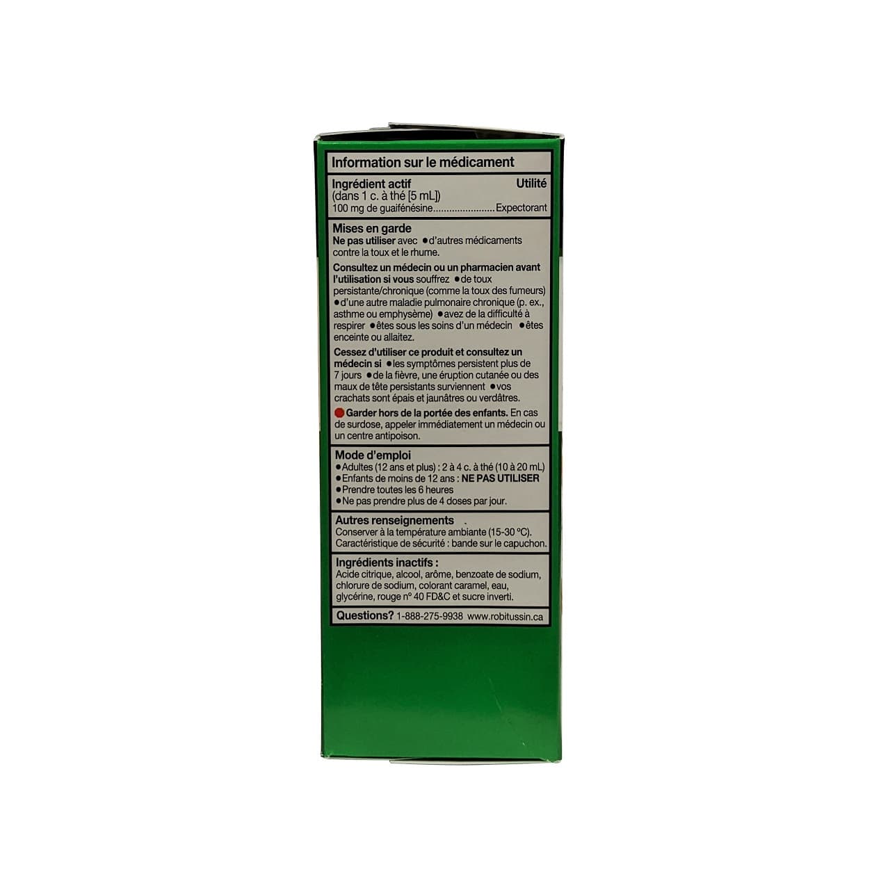Ingredients, warnings, and directions for Robitussin Regular Strength Mucus & Phlegm for 6 Hours Relief (100 mL) in French