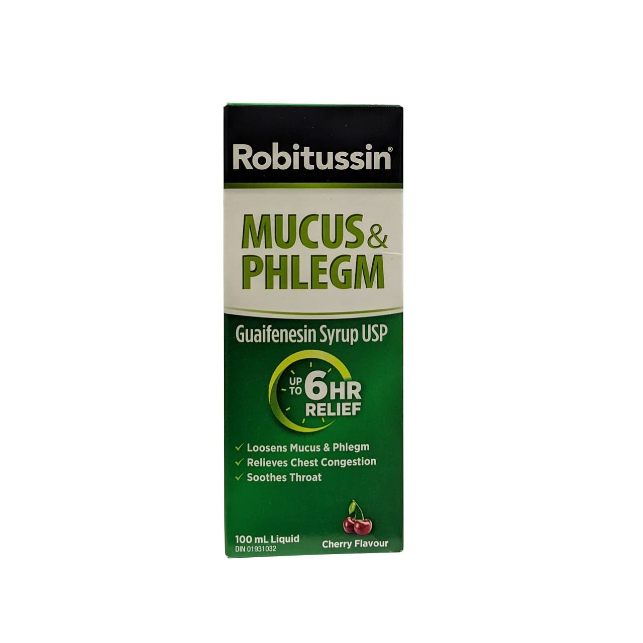 Product label for Robitussin Regular Strength Mucus & Phlegm for 6 Hours Relief (100 mL) in English