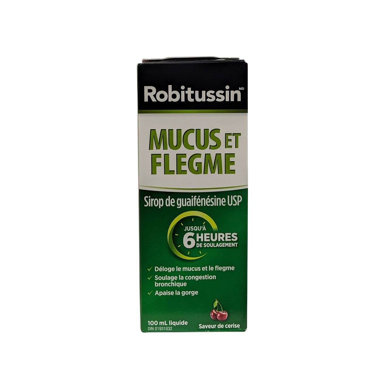 Product label for Robitussin Regular Strength Mucus & Phlegm for 6 Hours Relief (100 mL) in French