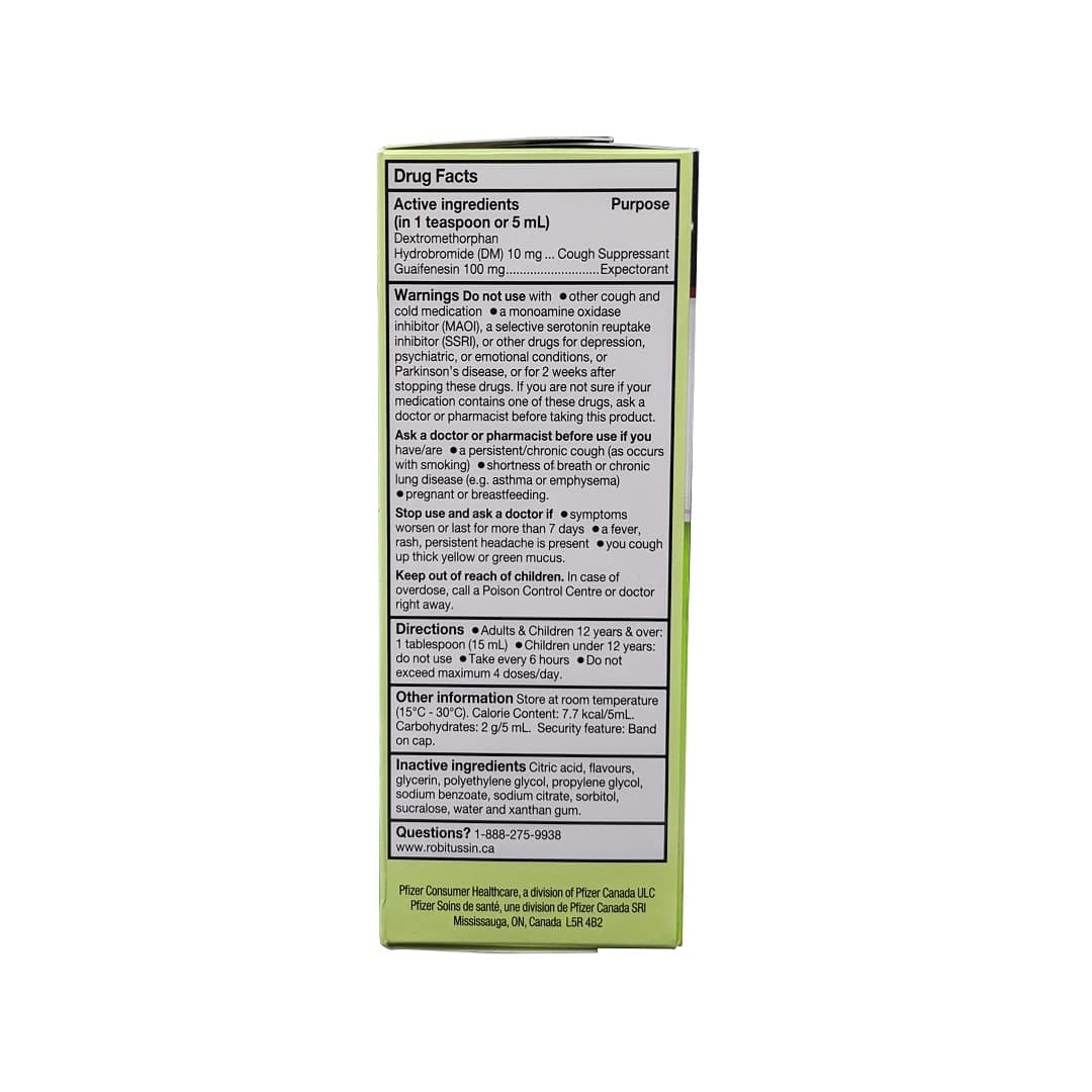Ingredients, warnings, directions for Robitussin Sugar Free Cough Control for People with Diabetes (115 mL) in English
