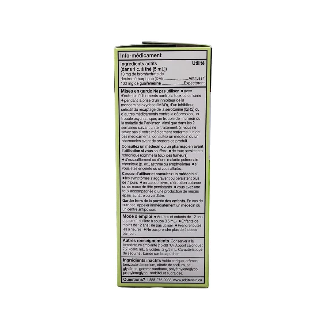 Ingredients, warnings, directions for Robitussin Sugar Free Cough Control for People with Diabetes (115 mL) in French