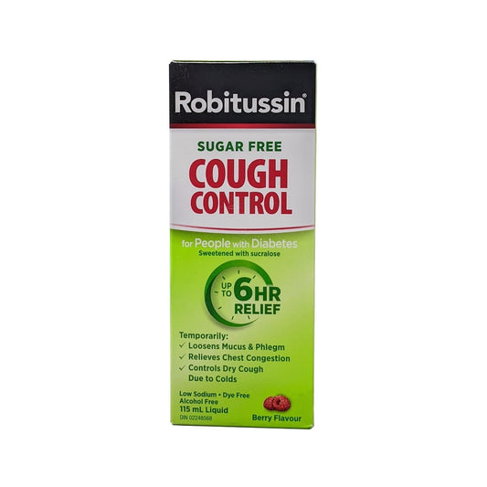 Product label for Robitussin Sugar Free Cough Control for People with Diabetes (115 mL) in English