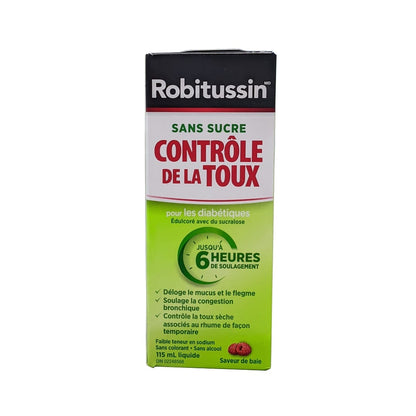 Product label for Robitussin Sugar Free Cough Control for People with Diabetes (115 mL) in French