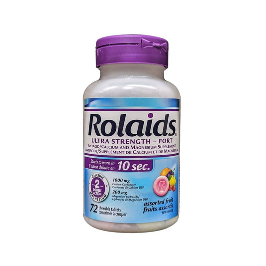 Product label for Rolaids Ultra Strength Antacid (Assorted Fruit Flavour) (72 chewable tablets)