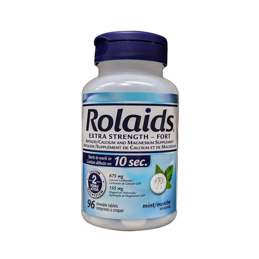 Product label for Rolaids Extra Strength Antacid (Mint Flavour) (96 chewable tablets)