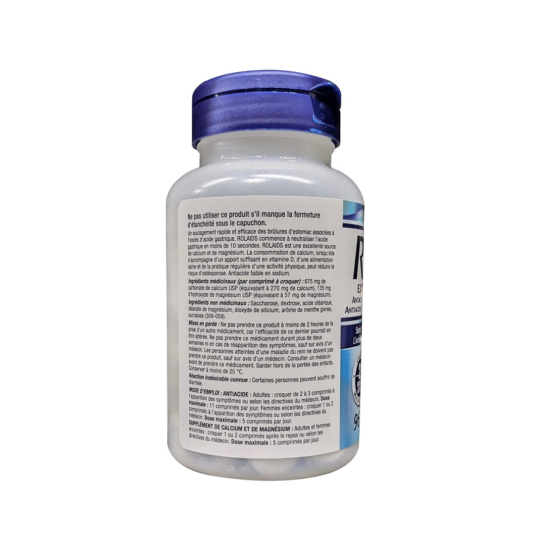 Description, directions, ingredients, warnings for Rolaids Extra Strength Antacid (Mint Flavour) (96 chewable tablets) in French
