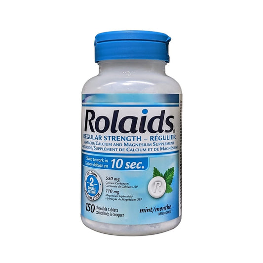 Product label for Rolaids Regular Strength Antacid (150 chewable tablets)