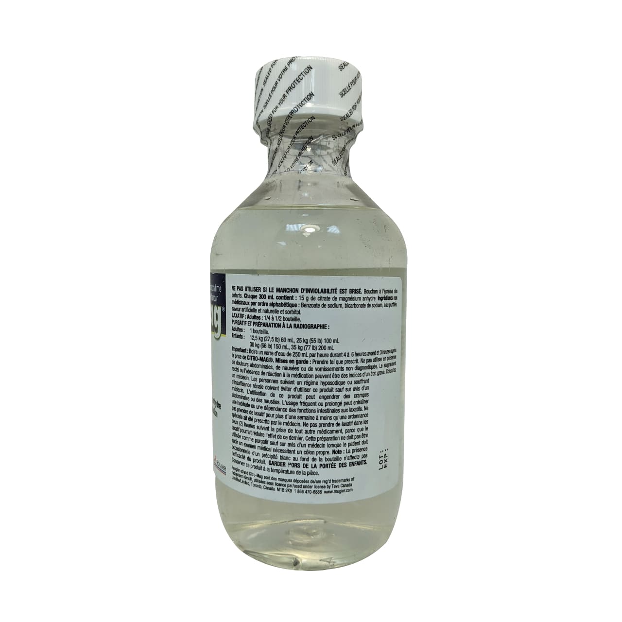 Dose, ingredients, and caution for Rougier Pharma Citro-Mag Laxative (300mL) Lemon Lime in French