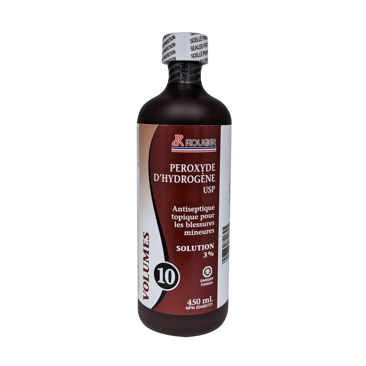 Product label for Rougier Pharma Hydrogen Peroxide USP 3% Solution in French