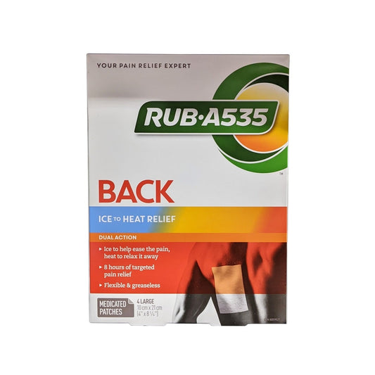 Product label for Rub A535 Duel Action Ice to Heat Relief for Back (4 patches)