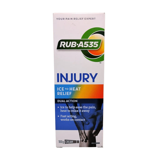 Product label for Rub A535 Ice to Heat Pain Relief Cream (100 grams) in English
