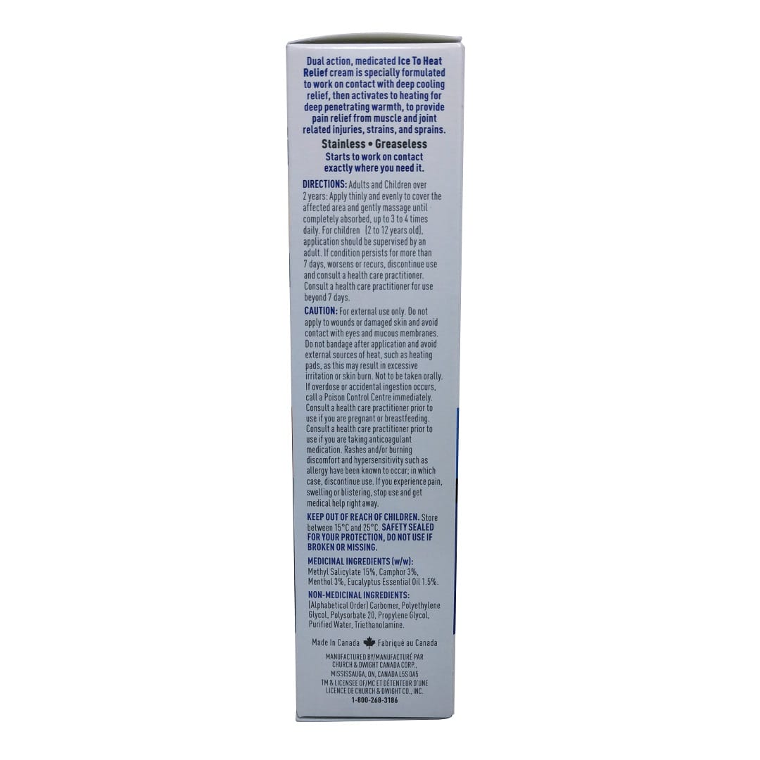 Description, directions, and caution for Rub A535 Ice to Heat Pain Relief Cream (100 grams) in English