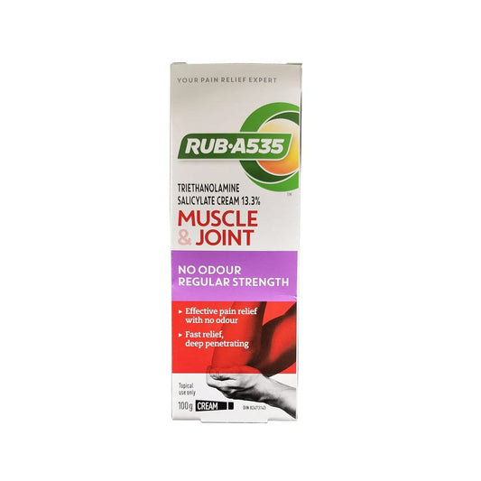 Product label for Rub A535 Muscle and Joint Regular Strength Cream (100 grams) in English