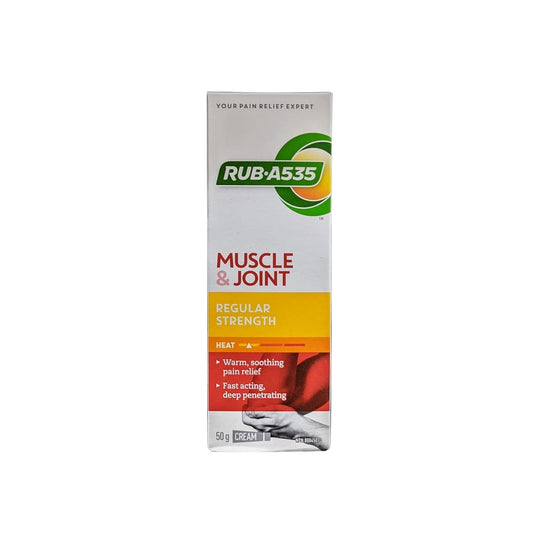 Product label for Rub A535 Muscle and Joint Regular Strength Heat Cream (50 grams) in English