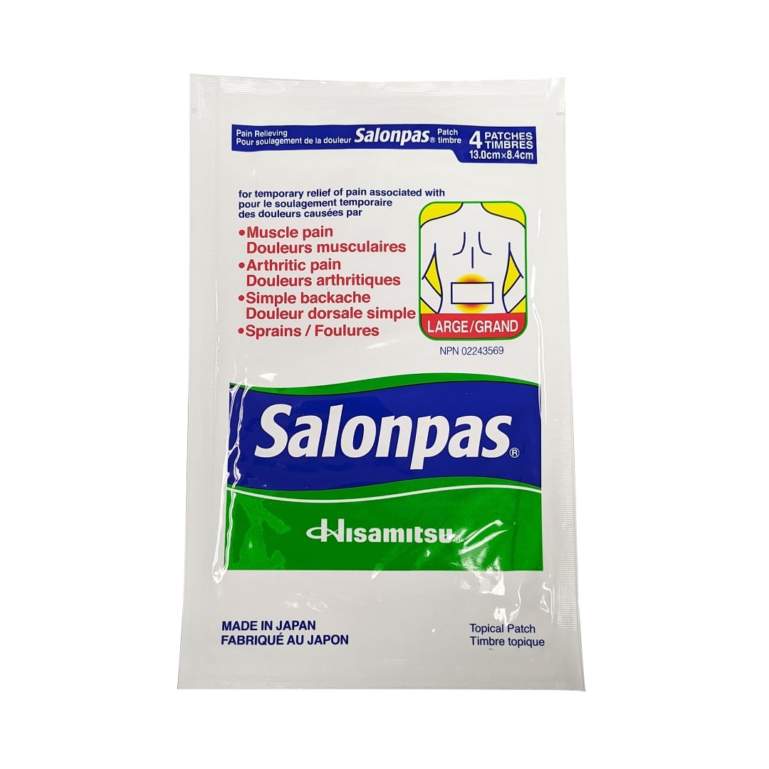 Product label for Salonpas Large Pain Relief Patches (4 patches)