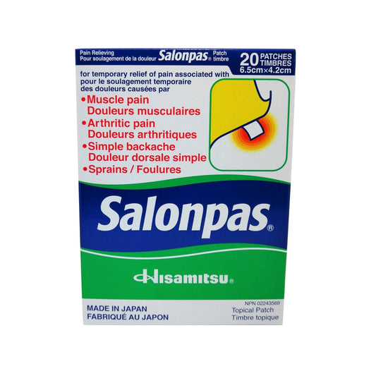 Product label for Salonpas Pain Relief Patch 20 patches