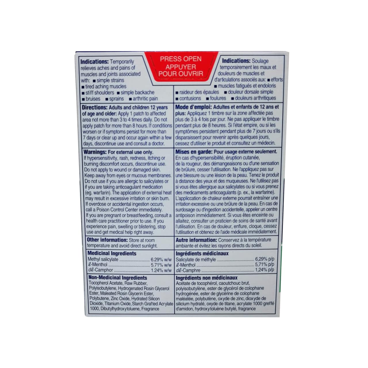Indications, directions, warnings, ingredients for Salonpas Pain Relief Patch