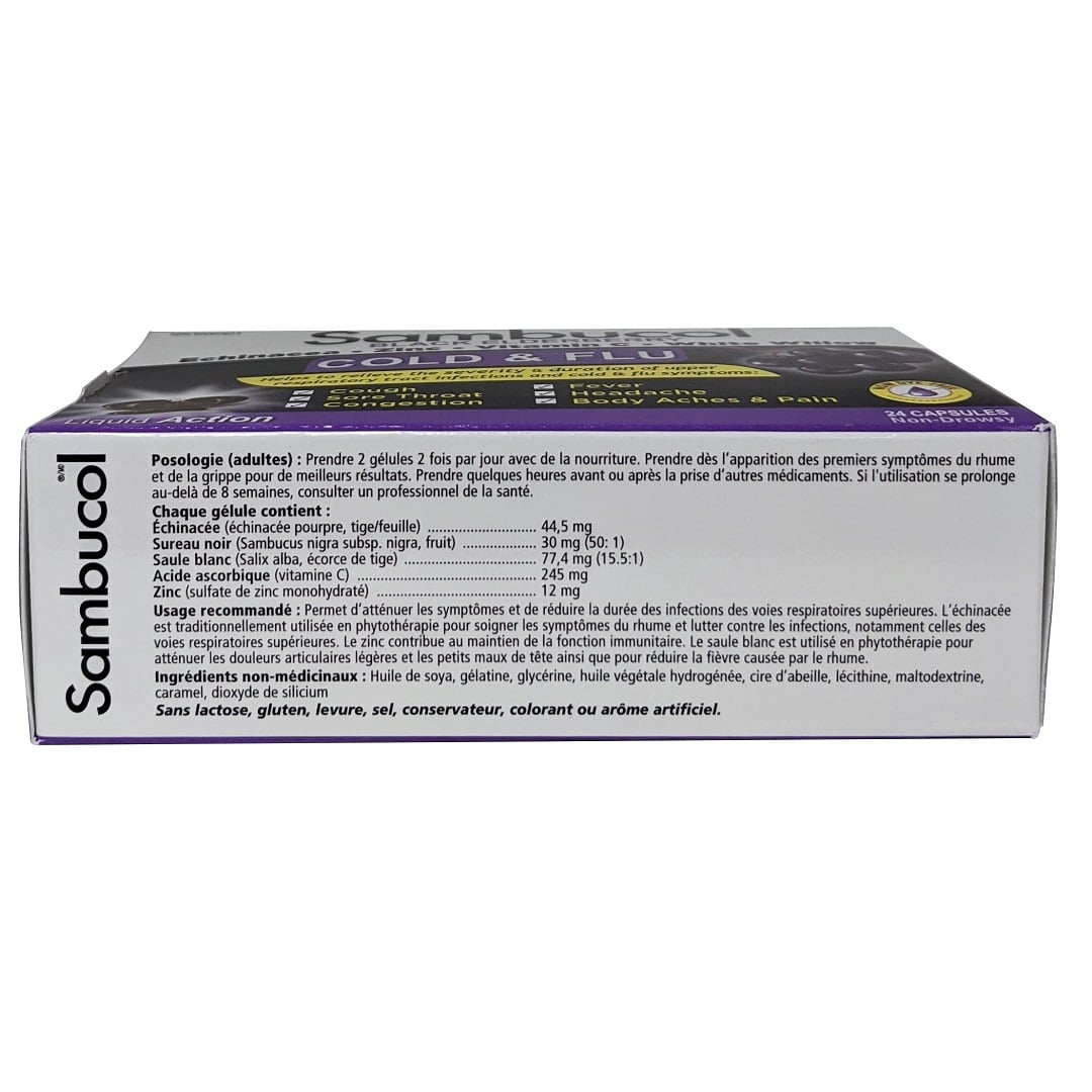 Directions, ingredients, use for Sambucol Black Elderberry Cold & Flu (24 capsules) in French