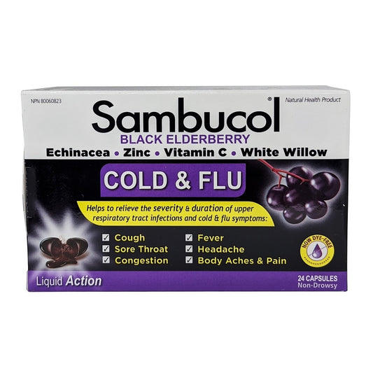 Product label for Sambucol Black Elderberry Cold & Flu (24 capsules) in English