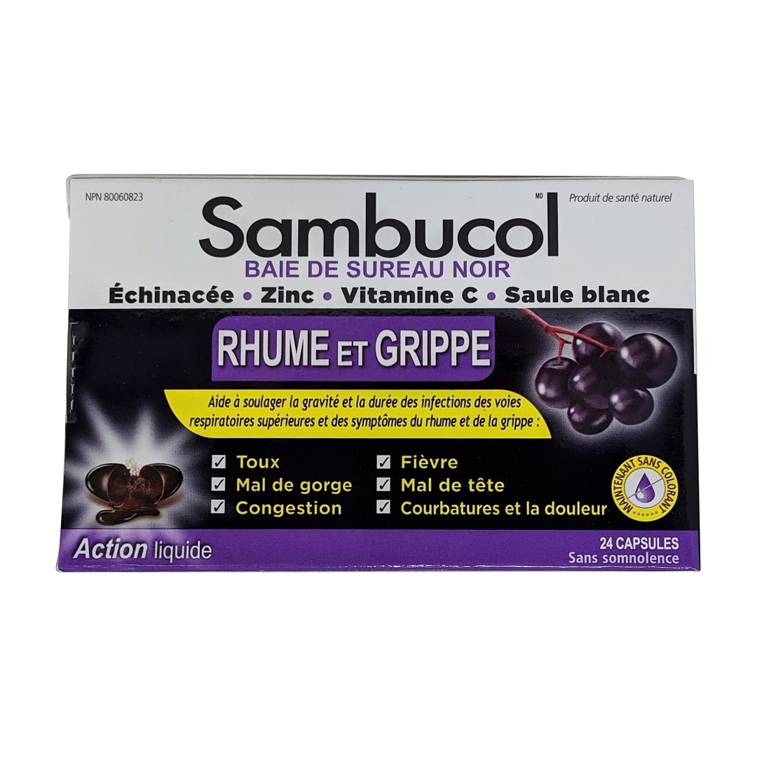 Product label for Sambucol Black Elderberry Cold & Flu (24 capsules) in French