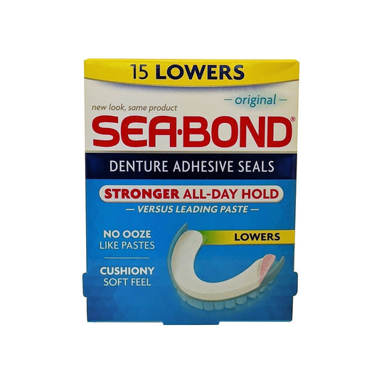 Product label for Sea Bond Denture Adhesive Seals Lowers Original (15 count) in English
