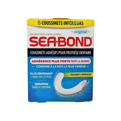Product label for Sea Bond Denture Adhesive Seals Lowers Original (15 count) in French