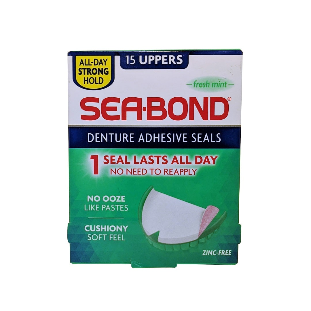 Product label for Sea Bond Denture Adhesive Seals Uppers Fresh Mint (15 count) in English