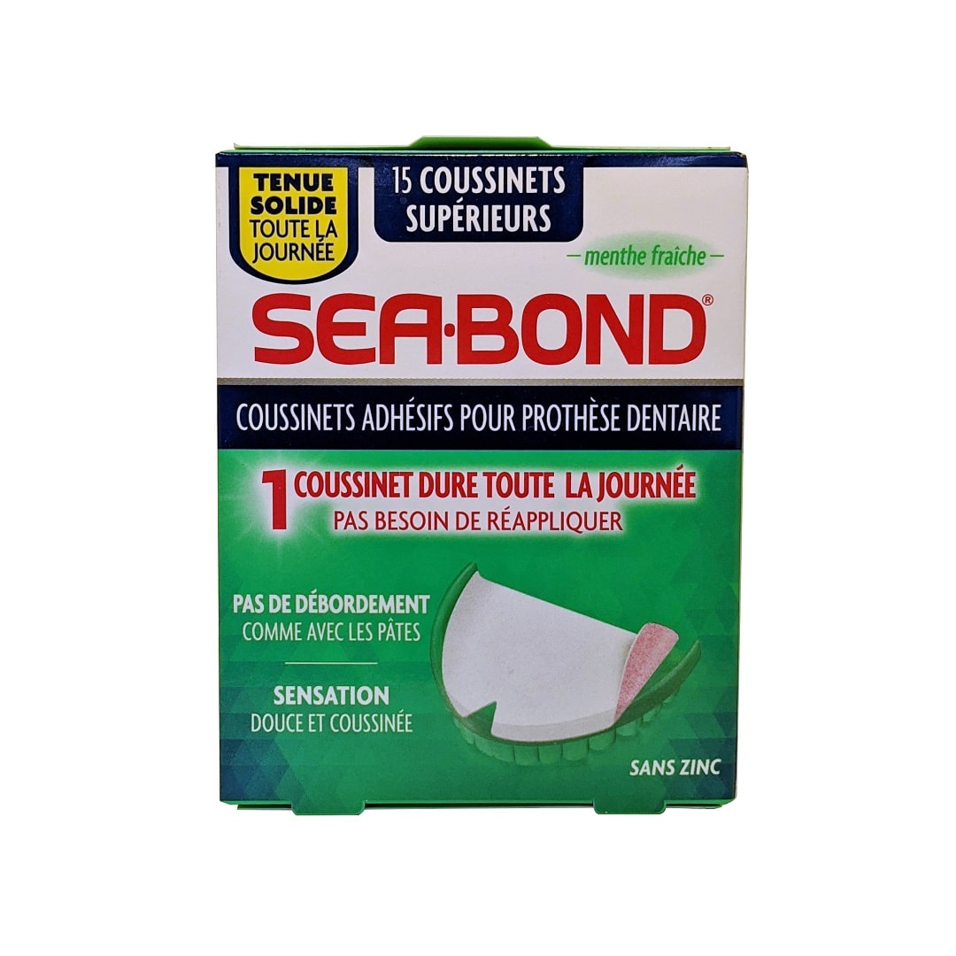 Product label for Sea Bond Denture Adhesive Seals Uppers Fresh Mint (15 count) in French