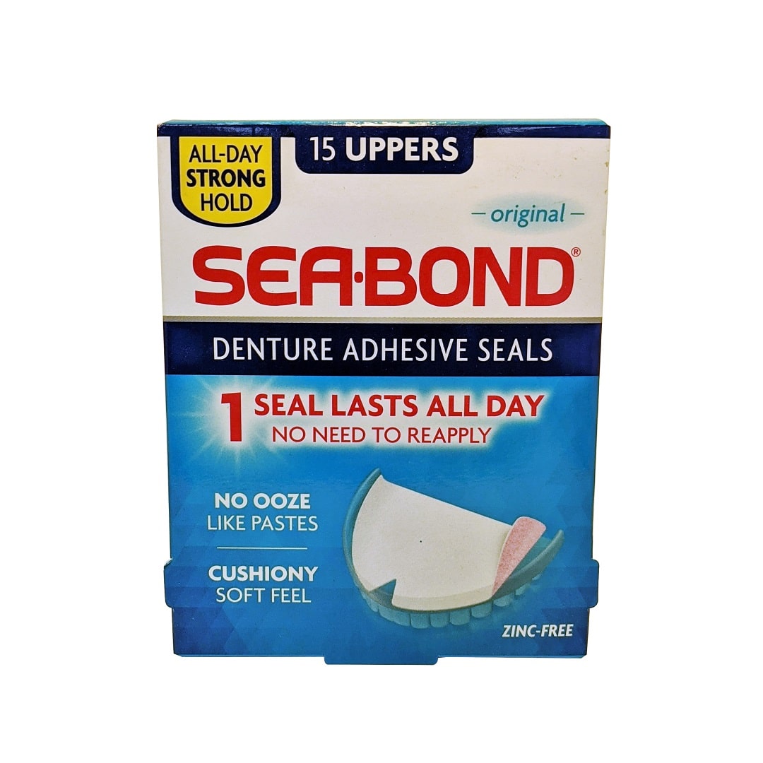 Product label for Sea Bond Denture Adhesive Seals Uppers Original (15 count) in English