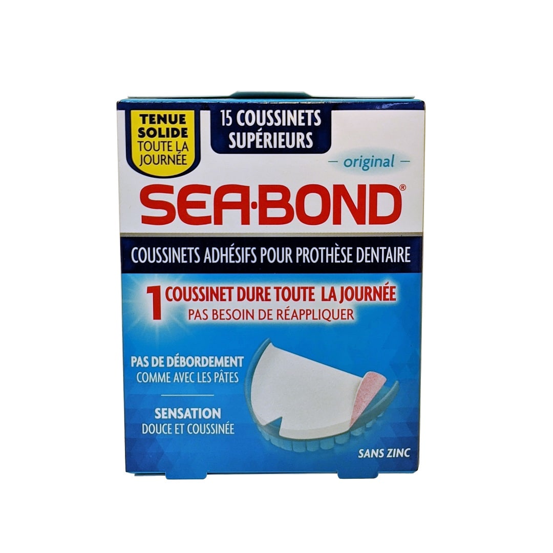 Product label for Sea Bond Denture Adhesive Seals Uppers Original (15 count) in French