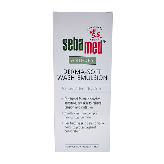 Product label for Sebamed Anti-Dry Derma-Soft Wash Emulsion in English