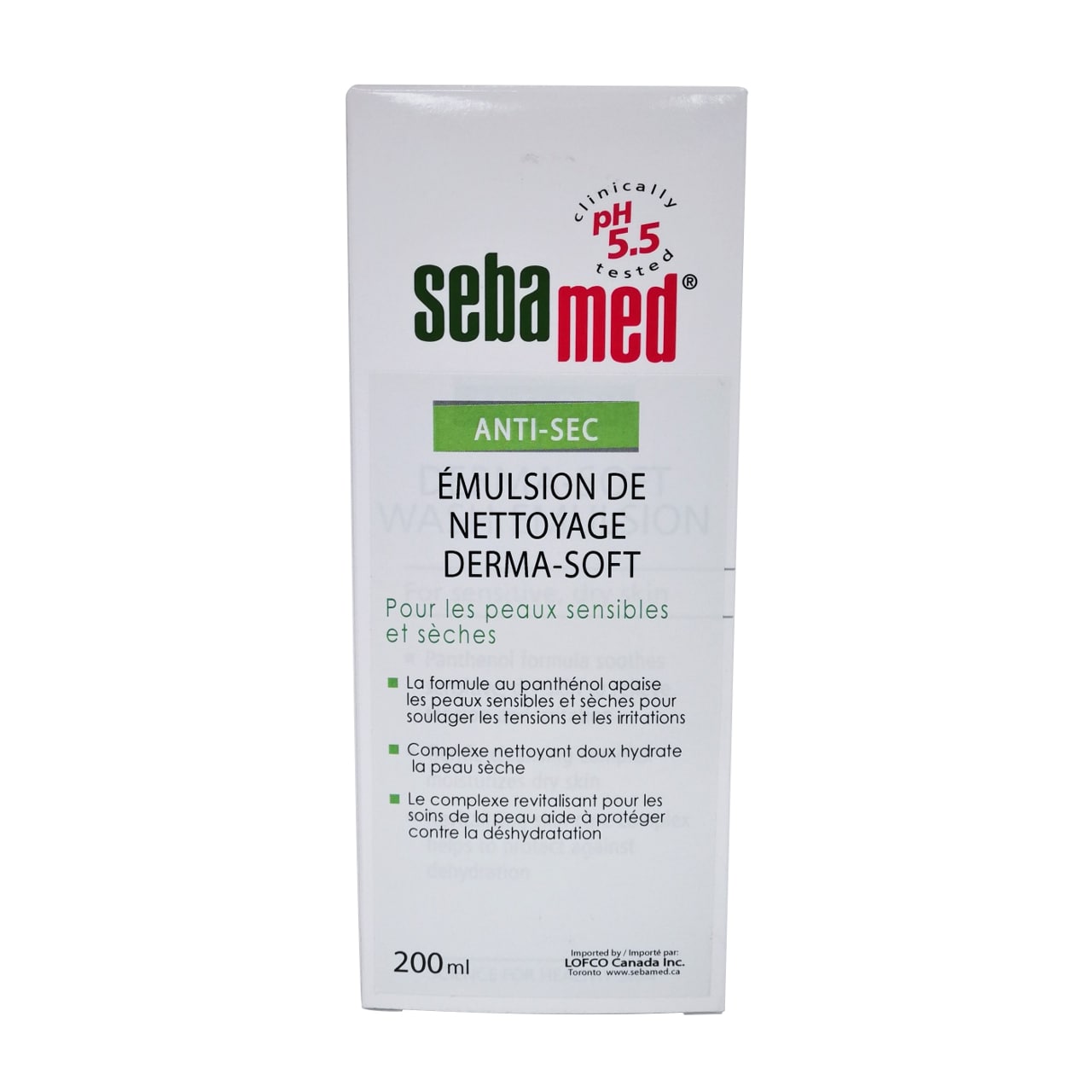 Product label for Sebamed Anti-Dry Derma-Soft Wash Emulsion in French