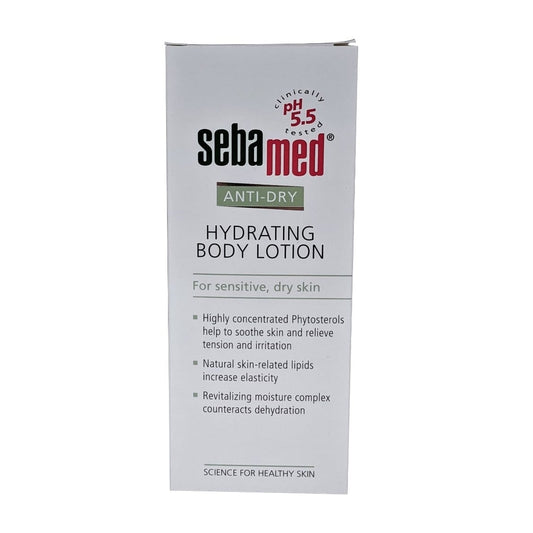 Product label for Sebamed Anti-Dry Hydrating Body Lotion in English