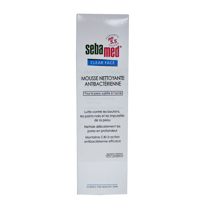 Product label for Sebamed Clear Face Antibacterial Cleansing Foam in French