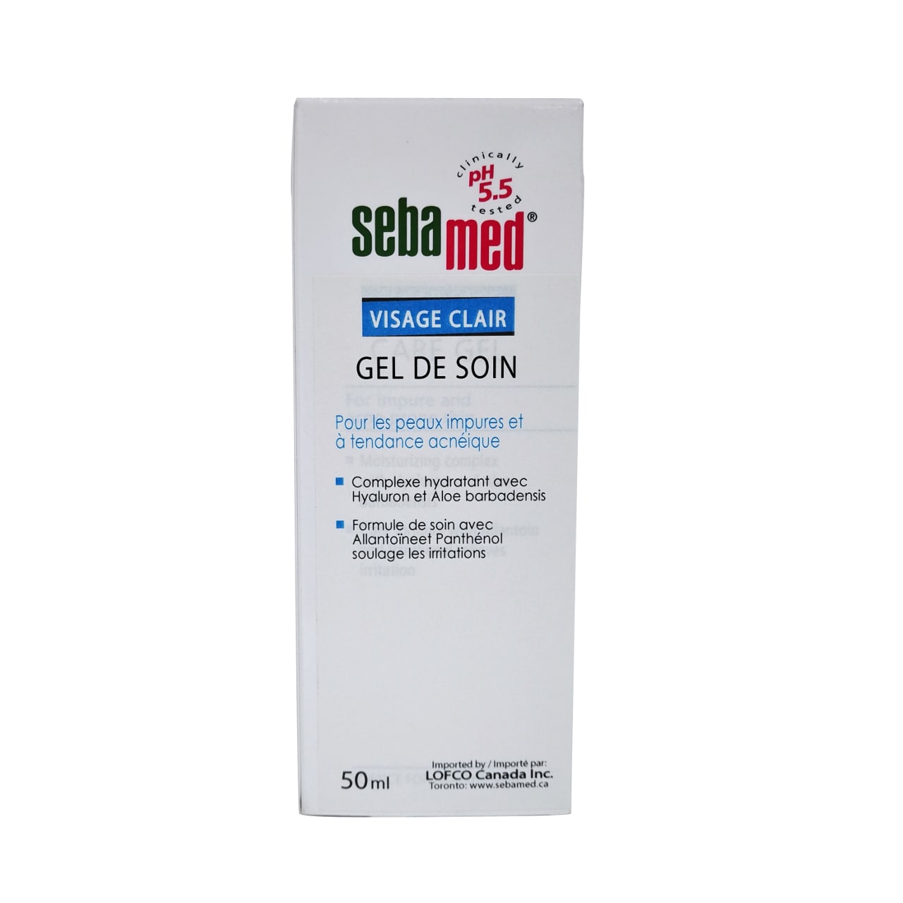 Product label for Sebamed Clear Face Care Gel in French