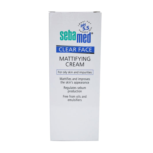 Product label for Sebamed Clear Face Mattifying Cream in English