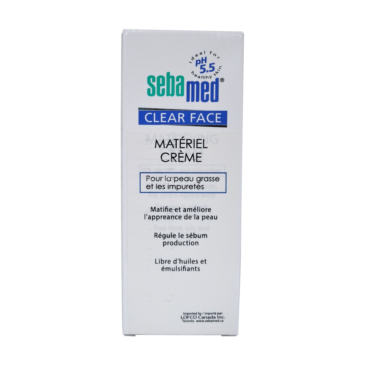 Product label for Sebamed Clear Face Mattifying Cream in French
