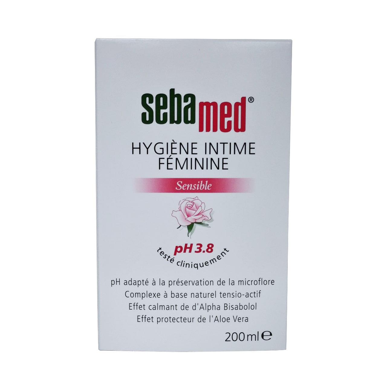Product label for Sebamed Feminine Intimate Wash pH 3.8 in French