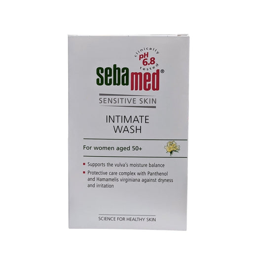 Product label for Sebamed Feminine Intimate Wash for Women Aged 50+ pH 6.8 (200 mL) in English