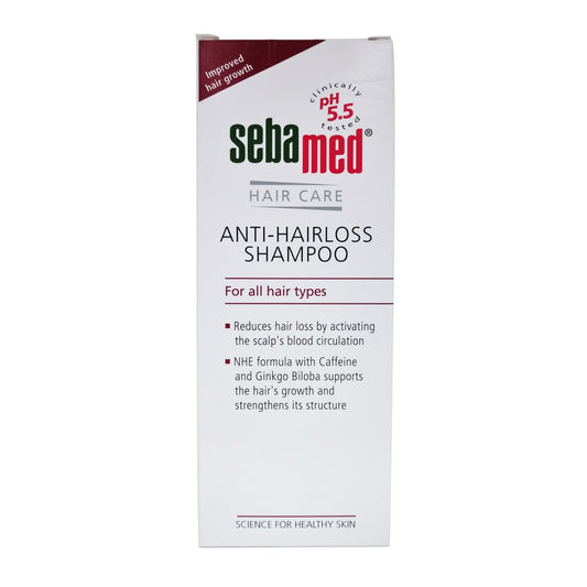 Product label for Sebamed Hair Care Anti-Hairloss Shampoo in English